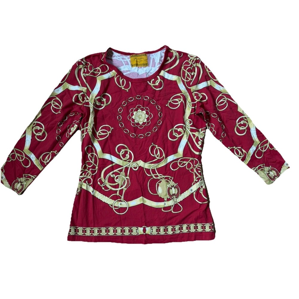 JM Laughlin Womens XS Red Gold Chain Print Stretch‎ Top 3/4 Sleeve Designer